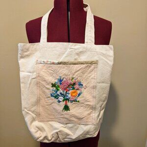 Upcycled Hand-Embroidered Floral Canvas Tote Bag